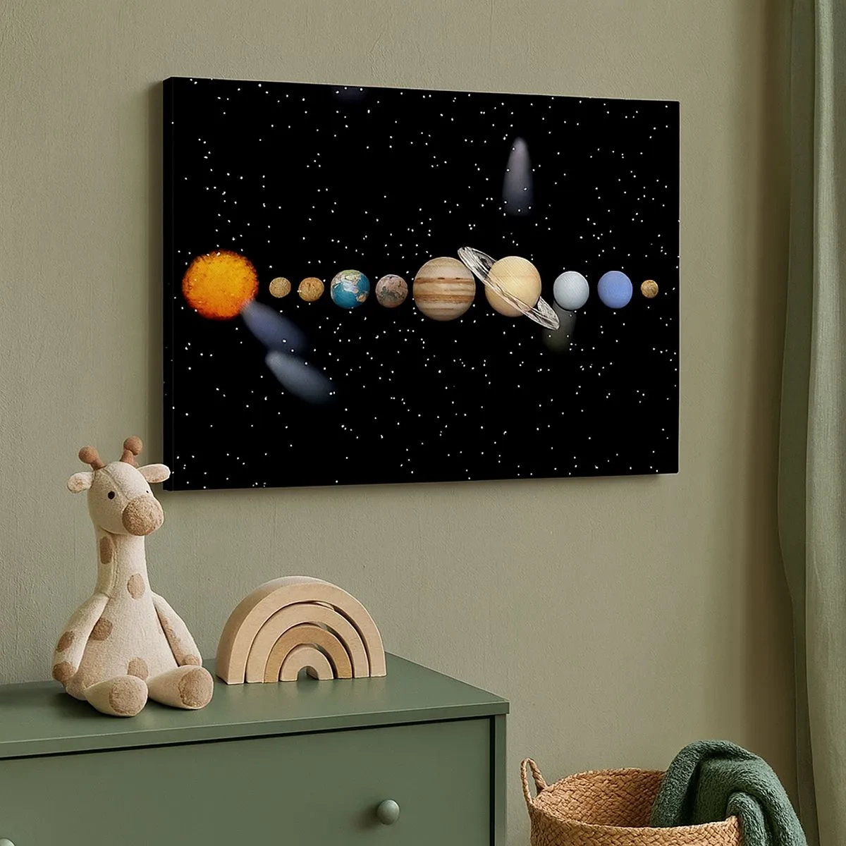 Cuadro sobre lienzo - Impresión de Imagen - El sistema solar con planetas sobre un fondo de estrellas en el espacio. - 70x50cm - Los planetas en armonía - Decoración de pared moderna para salón y dormitorio ARTTOR
