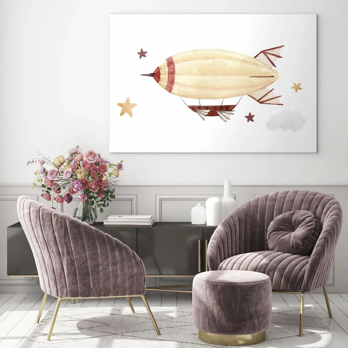 Cuadro sobre vidrio - Impresiones sobre Vidrio - Un dirigible de dibujos animados entre las estrellas sobre un fondo blanco. - 100x70cm - Dirigible - Decoración de pared moderna para salón y dormitorio ARTTOR
