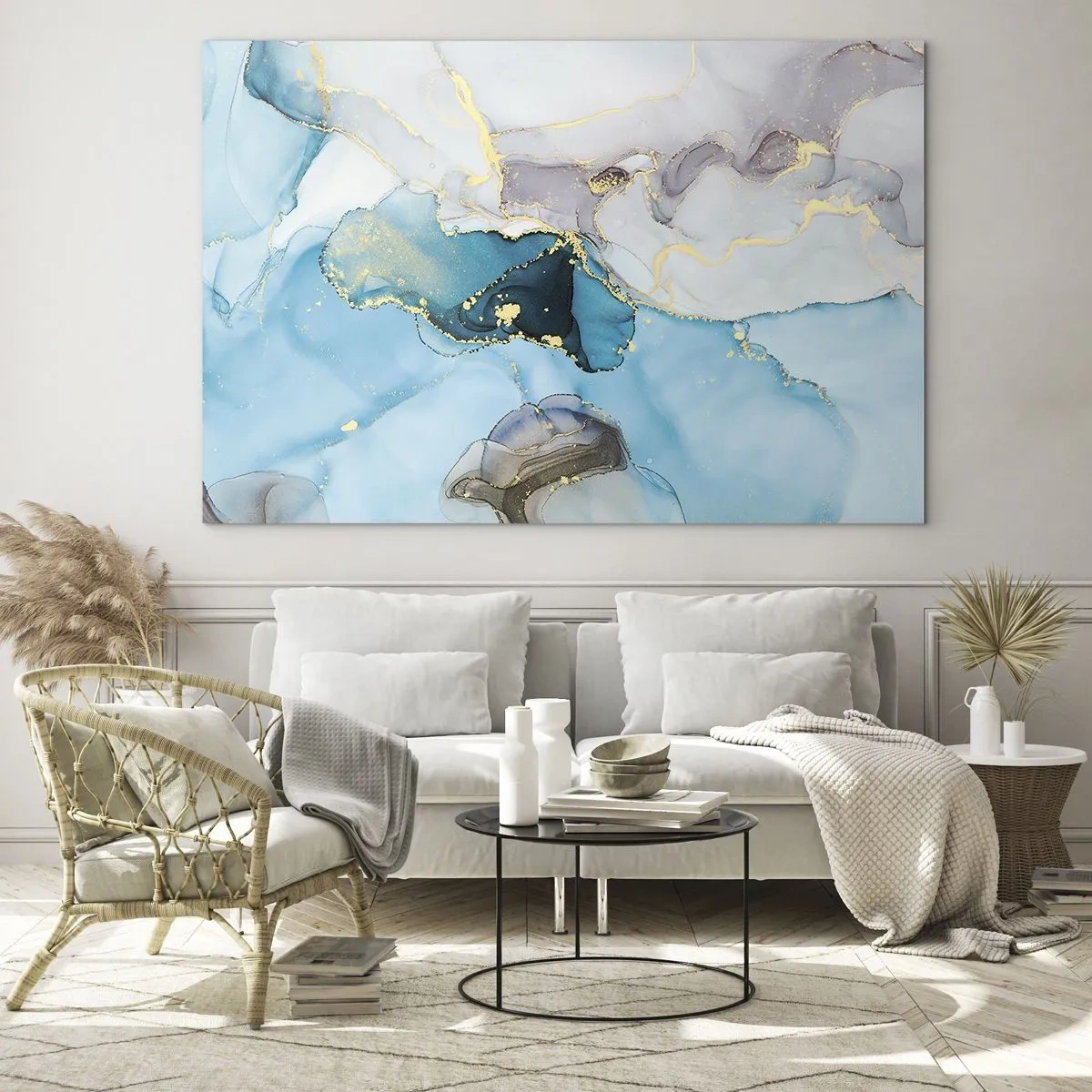 Cuadro sobre vidrio - Impresiones sobre Vidrio - Ondas turquesas y grises con acentos dorados. - 100x70cm - Un estudio del encuentro entre el gris y el turquesa - Decoración de pared moderna para salón y dormitorio ARTTOR