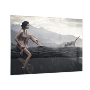 Cuadro sobre vidrio - Impresiones sobre Vidrio - Una mujer y un gato en un tronco de madera en un paisaje lluvioso. - 100x70cm - Picos de belleza - Decoración de pared moderna para salón y dormitorio ARTTOR