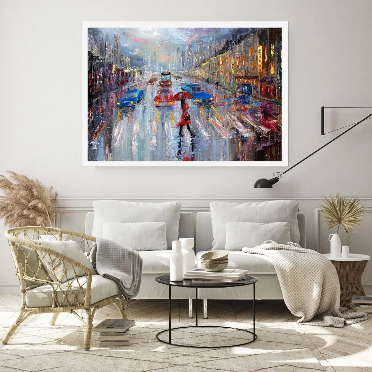 Póster - Una mujer con un paraguas en una calle lluviosa bajo la luz de neón. - 100x70cm - Una tarde de lluvia en la ciudad - Decoración de pared moderna para salón y dormitorio ARTTOR