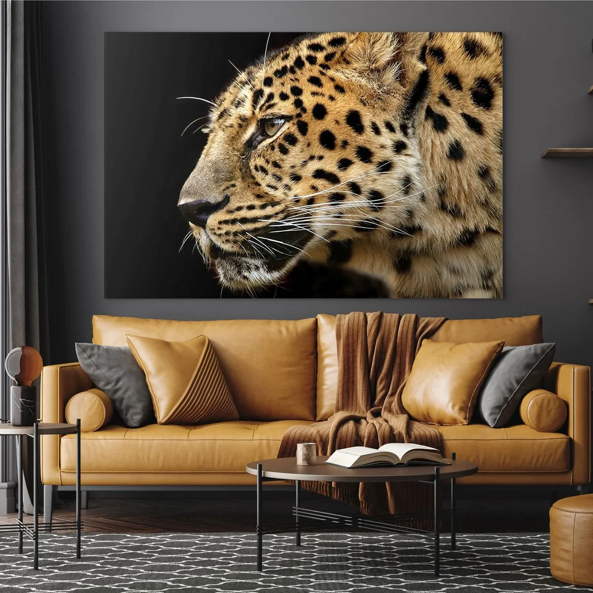 Cuadro sobre vidrio - Impresiones sobre Vidrio - Perfil de un leopardo sobre fondo negro - 120x80cm - Tranquilo, concentrado, preparado - Decoración de pared moderna para salón y dormitorio ARTTOR