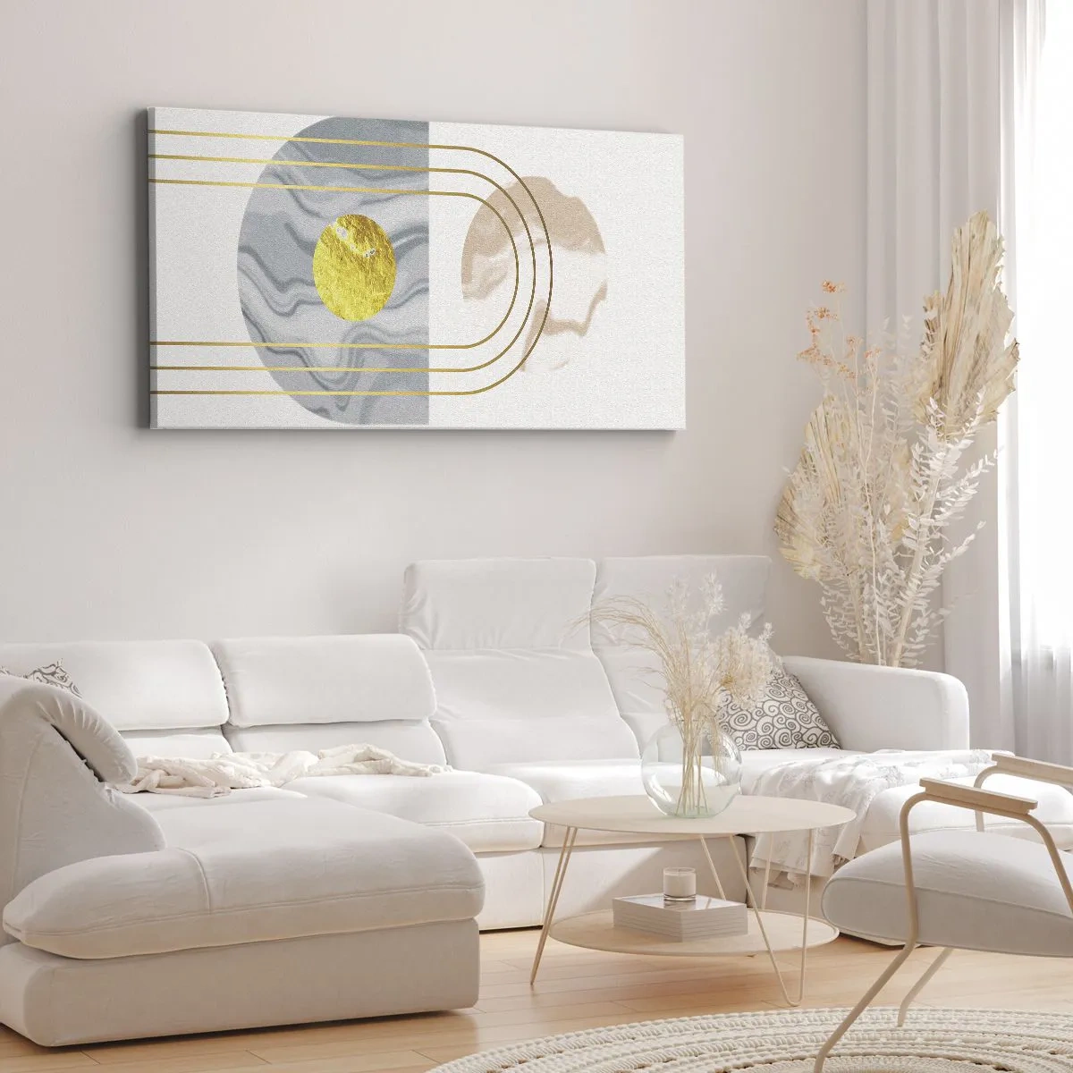 Cuadro sobre lienzo - Impresión de Imagen - Composición abstracta con círculos y líneas doradas sobre fondo claro. - 160x50cm - Brillo y resplandor - Decoración de pared moderna para salón y dormitorio ARTTOR