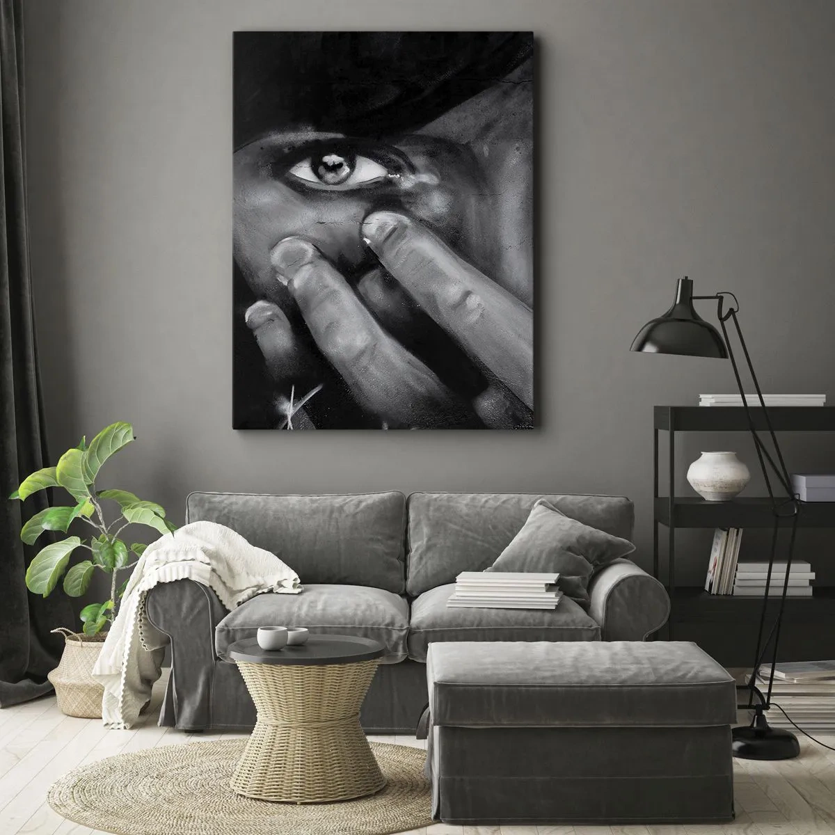 Cuadro sobre lienzo - Impresión de Imagen - Retrato en blanco y negro de una mujer cubriéndose la cara con las manos. - 50x70cm - No diré quién lo pintó - Decoración de pared moderna para salón y dormitorio ARTTOR
