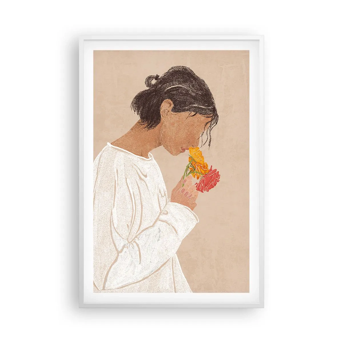 Póster en marco blanco - Joven con flores - 61x91 cm