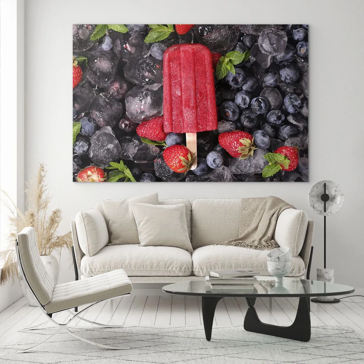 Cuadro sobre vidrio - Impresiones sobre Vidrio - Un palito de hielo entre fruta congelada y hojas de menta. - 70x50cm - El sabor del verano caluroso - Decoración de pared moderna para salón y dormitorio ARTTOR