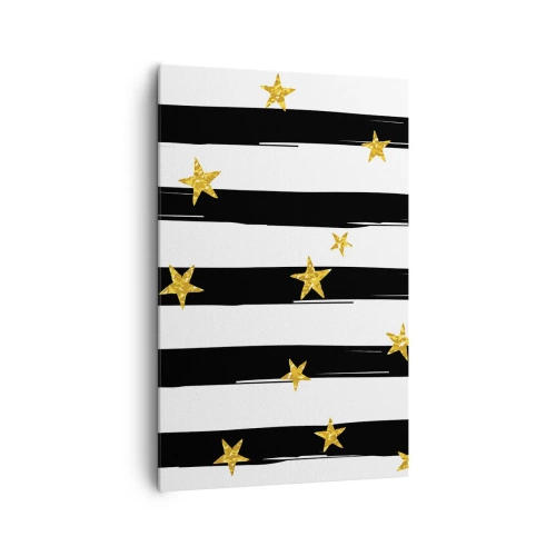 Cuadro sobre lienzo - Impresión de Imagen - Rayas blancas y negras con estrellas doradas - 80x120cm - Todos hemos nacido bajo una estrella de la suerte - Decoración de pared moderna para salón y dormitorio ARTTOR