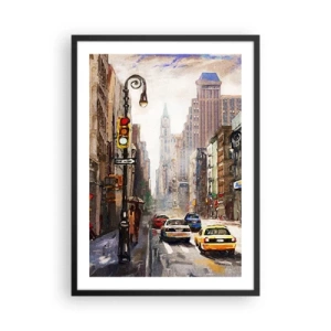 Póster en marco negro - Calle de la ciudad con coches y semáforos - 50x70cm - Nueva York - también colorida bajo la lluvia - Decoración de pared moderna para salón y dormitorio ARTTOR
