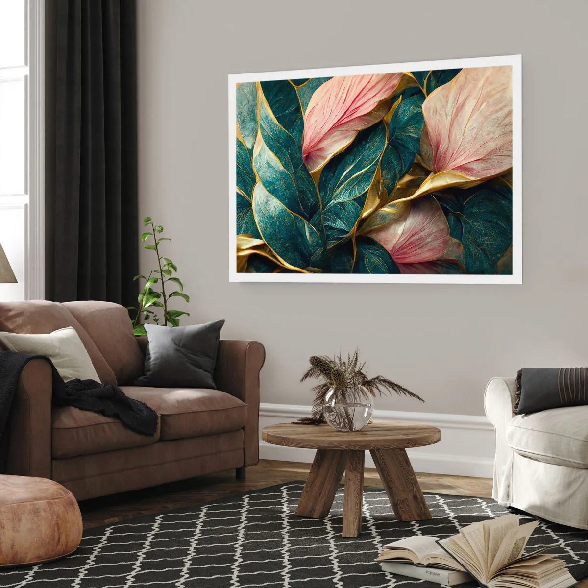 Póster - Hojas elegantes en verde, dorado y rosa. - 100x70cm - Elegancia y estilo naturales - Decoración de pared moderna para salón y dormitorio ARTTOR