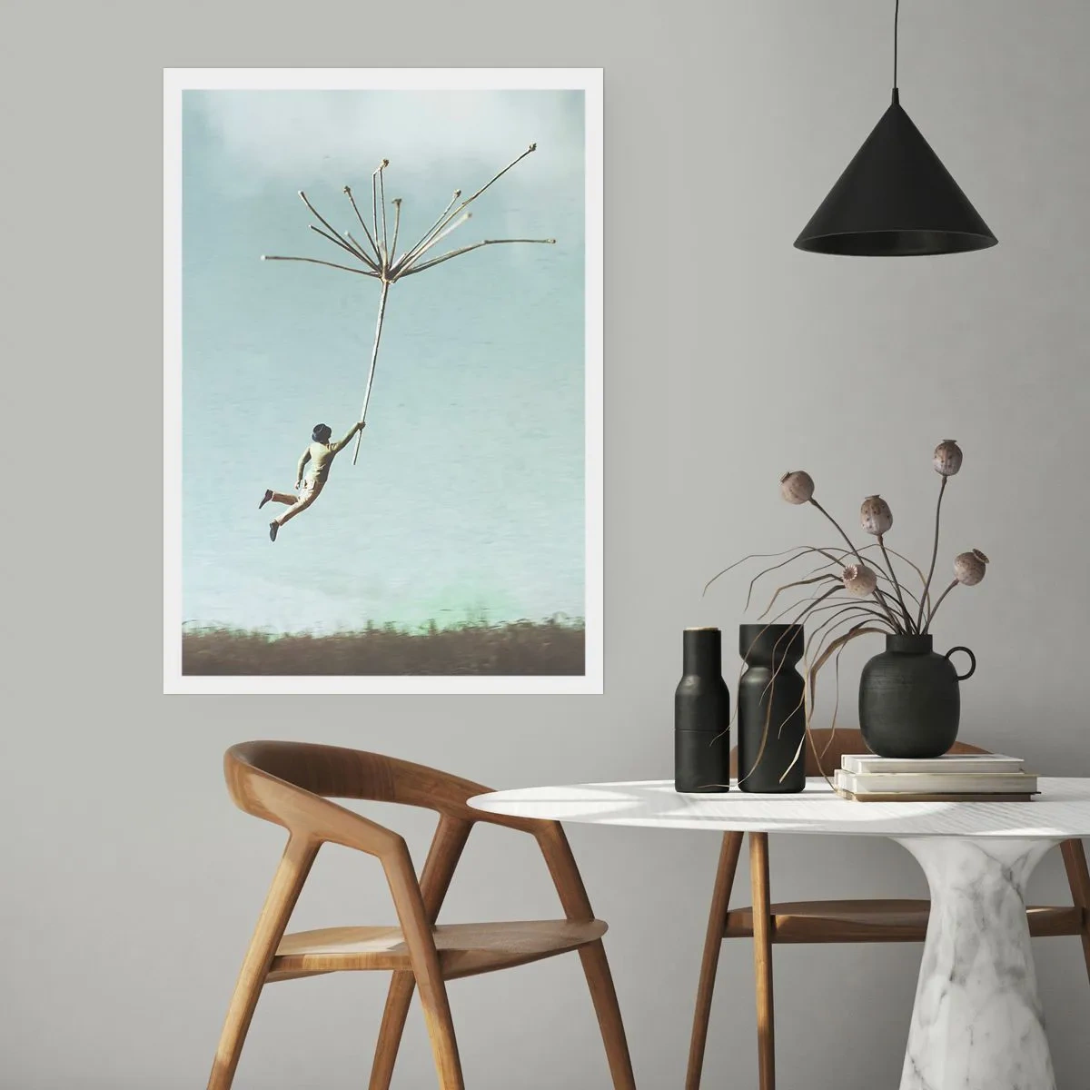 Póster - Una figura flotando en un tallo de diente de león contra el cielo. - 50x70cm - Bailando con la brisa - Decoración de pared moderna para salón y dormitorio ARTTOR