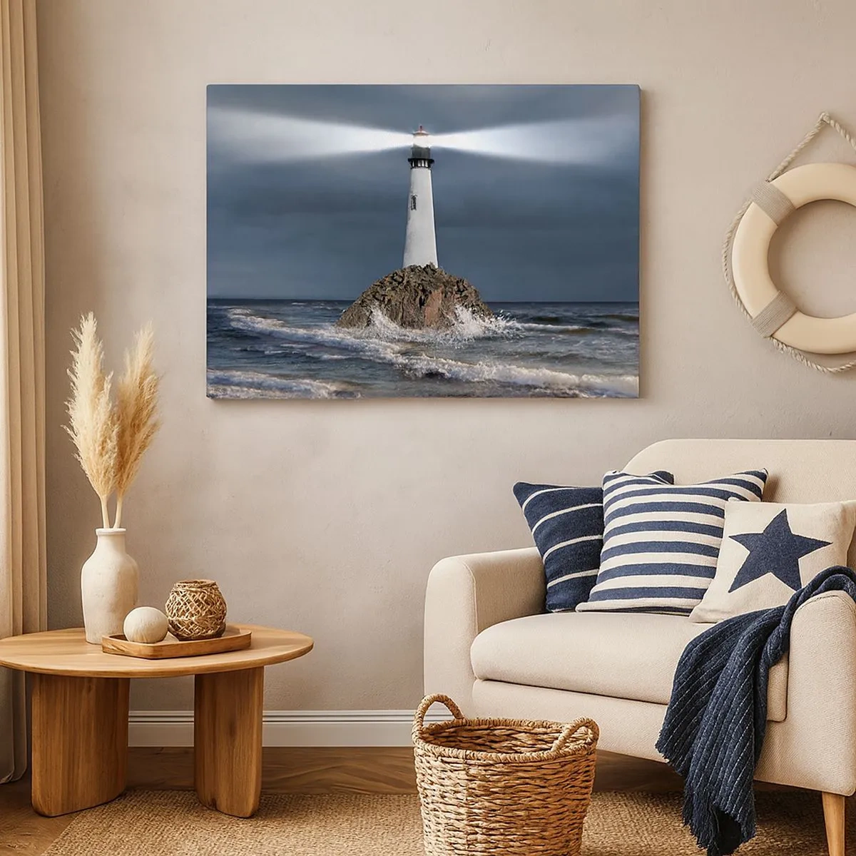 Cuadro sobre lienzo - Impresión de Imagen - Un faro sobre una roca rodeado de un mar tempestuoso. - 70x50cm - ¡Aquí... aquí... aquí! - Decoración de pared moderna para salón y dormitorio ARTTOR