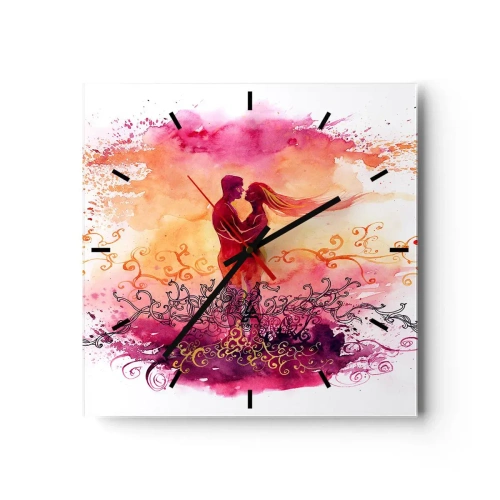 Reloj de pared - Reloj de vidrio - Una pareja abrazándose sobre un patrón abstracto rosa y naranja. - 30x30cm - ¡Un solo corazón! Necesito tan poco para ser feliz… - Decoración de pared moderna para salón y dormitorio ARTTOR