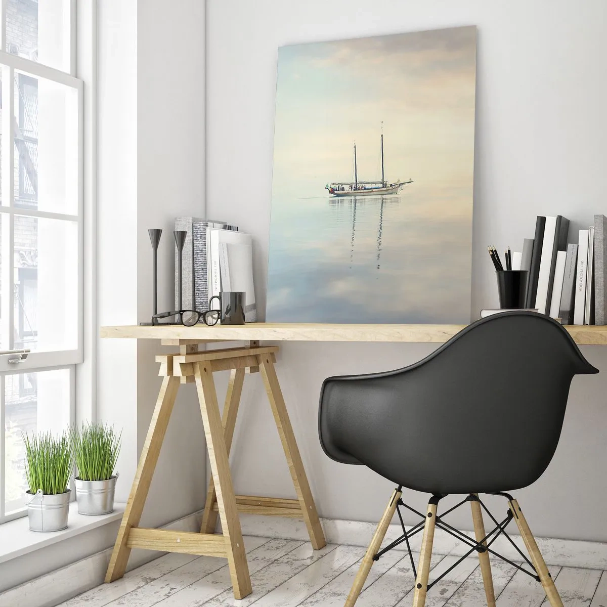Cuadro sobre vidrio - Impresiones sobre Vidrio - Un velero a la deriva en un mar tranquilo al amanecer. - 50x70cm - En un mar de silencio - Decoración de pared moderna para salón y dormitorio ARTTOR