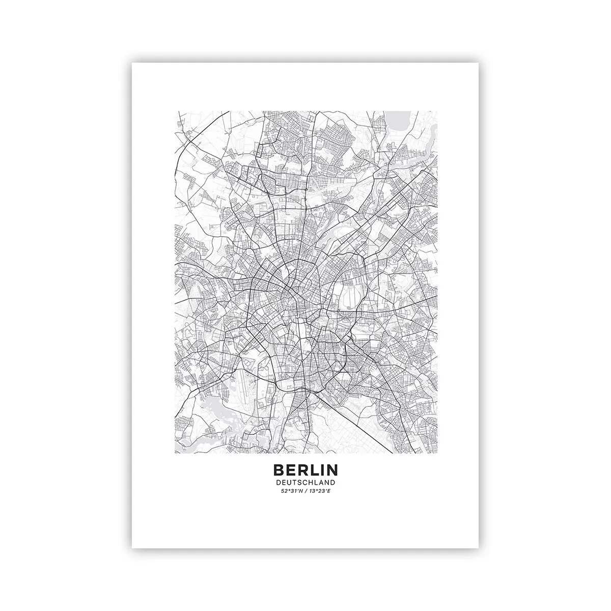 Póster - Un mapa en blanco y negro de Berlín con calles mapeadas con precisión. - 50x70cm - Flor de Berlín - Decoración de pared moderna para salón y dormitorio ARTTOR