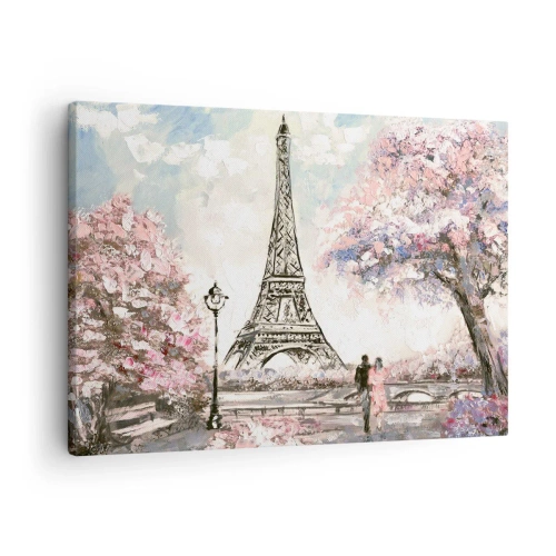 Cuadro sobre lienzo - Impresión de Imagen - La Torre Eiffel rodeada de árboles en flor. - 70x50cm - Un paseo por París en abril - Decoración de pared moderna para salón y dormitorio ARTTOR