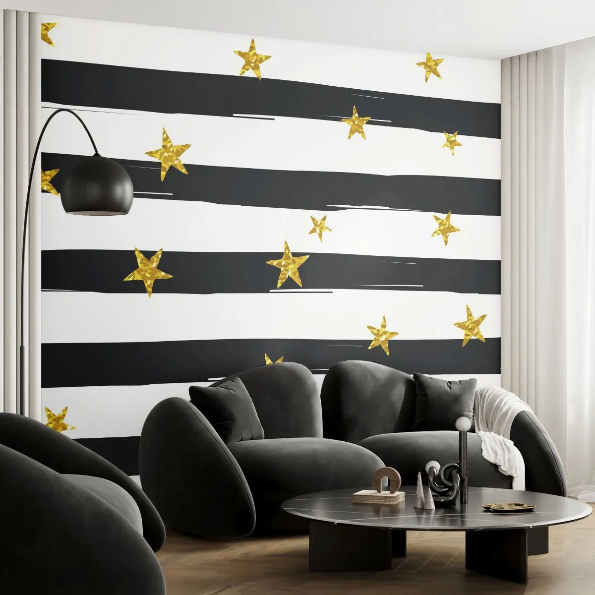 Fotomural Standard Eco - Todos hemos nacido bajo una estrella de la suerte - Gráficos, Estrella de oro, Lineas blancas y negras - 400x280 cm