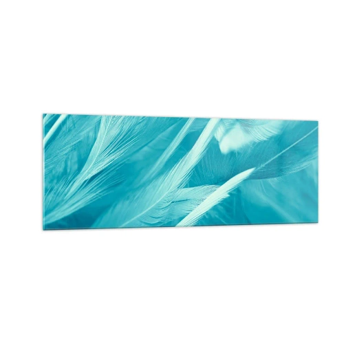 Cuadro sobre vidrio - Impresiones sobre Vidrio - Delicadas plumas turquesas en primer plano - 140x50cm - Un manto real - Decoración de pared moderna para salón y dormitorio ARTTOR
