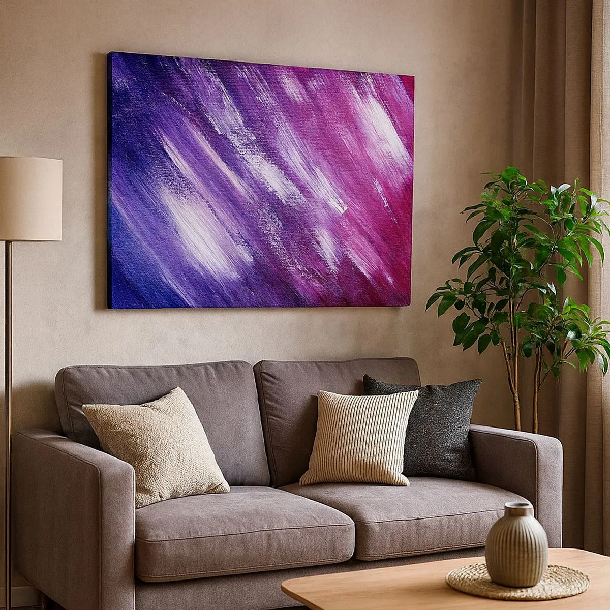 Cuadro sobre lienzo - Impresión de Imagen - Pinceladas abstractas en tonos morados y rosas - 70x50cm - Cuando sopla el viento del sol - Decoración de pared moderna para salón y dormitorio ARTTOR