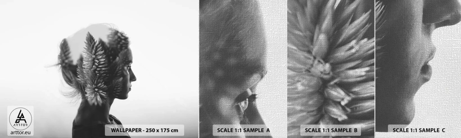 Muestra de fotomural Premium Canvas - La dama del bosque de pinos - Abstracción, Mujer, Pedazo - 100x30 cm