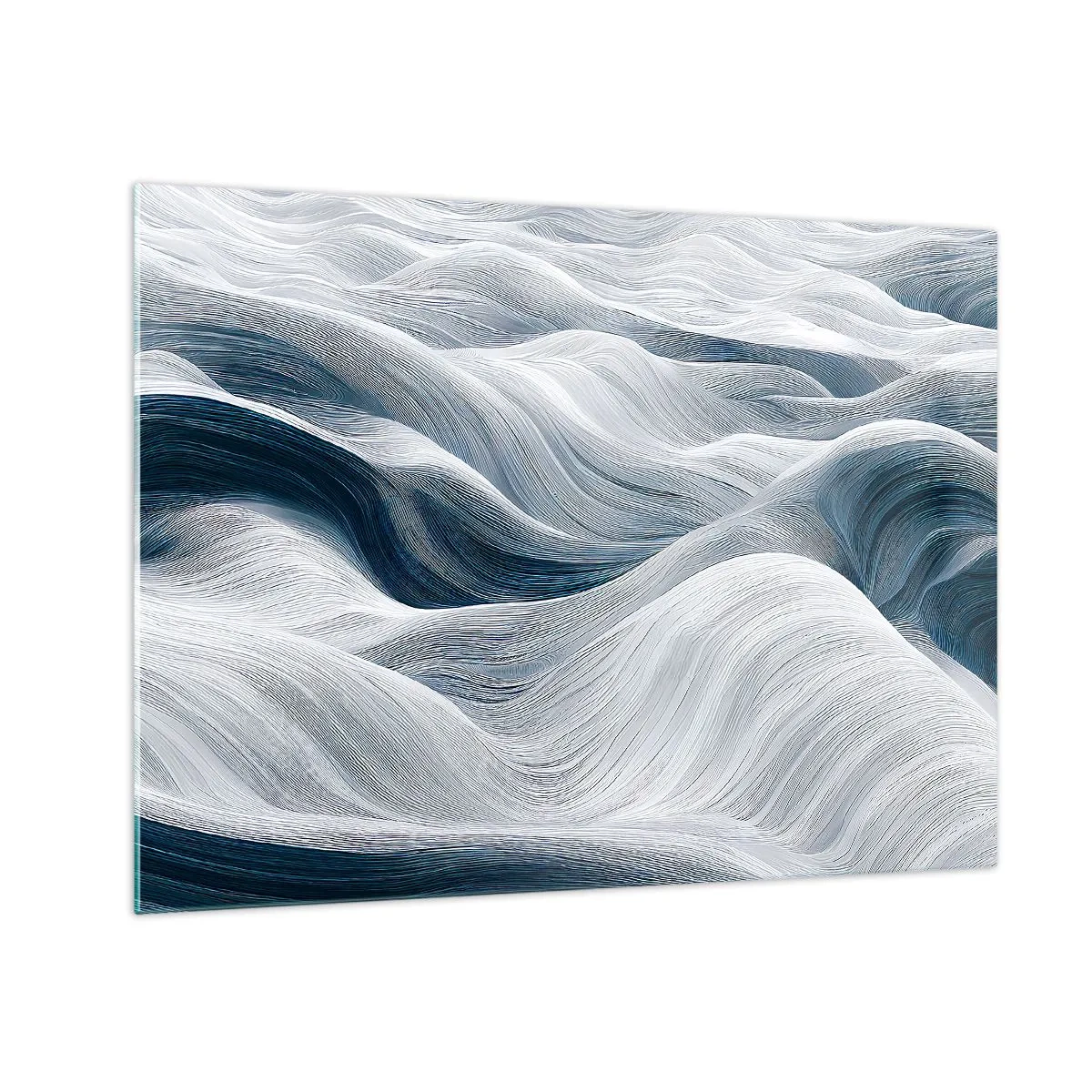 Cuadro sobre vidrio - Impresiones sobre Vidrio - Ondas abstractas en tonos de blanco y azul que crean un efecto de movimiento. - 70x50cm - Olas blancas y azules - Decoración de pared moderna para salón y dormitorio ARTTOR
