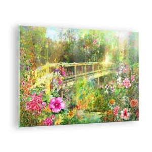 Cuadro sobre vidrio - Impresiones sobre Vidrio - Un puente rodeado de exuberante vegetación y flores de colores. - 70x50cm - Un puente de suspiros de primavera - Decoración de pared moderna para salón y dormitorio ARTTOR
