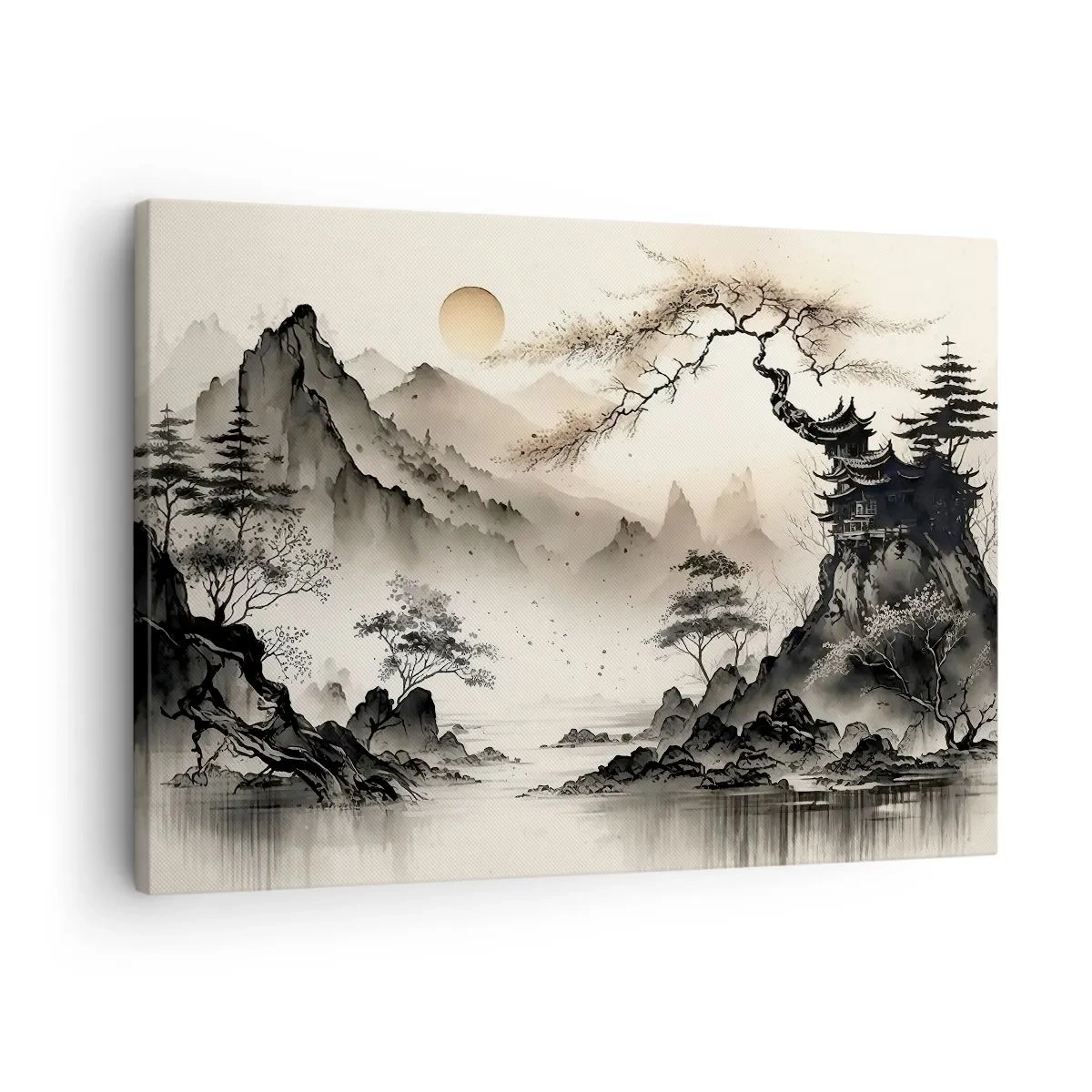Cuadro sobre lienzo - Impresión de Imagen - Un paisaje oriental con montañas y una pagoda en tonos delicados. - 70x50cm - El encanto único de Oriente - Decoración de pared moderna para salón y dormitorio ARTTOR