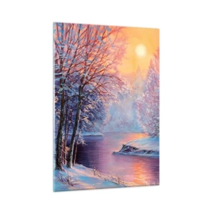 Cuadro sobre vidrio - Impresiones sobre Vidrio - Paisaje invernal con un río y una puesta de sol. - 50x70cm - Colores del invierno - Decoración de pared moderna para salón y dormitorio ARTTOR