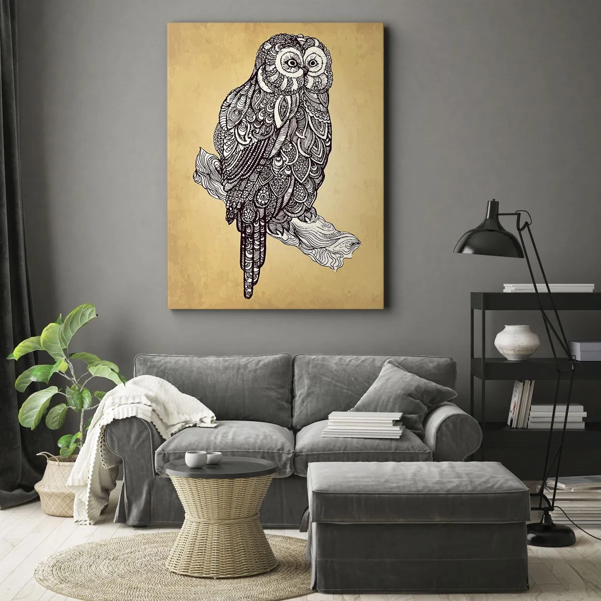 Cuadro sobre lienzo - Impresión de Imagen - Un búho en estilo ornamental sobre un fondo beige. - 50x70cm - Intrincados ornamentos de sabiduría - Decoración de pared moderna para salón y dormitorio ARTTOR