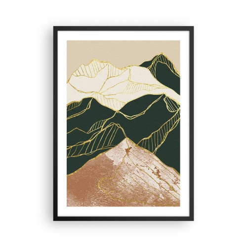 Póster en marco negro - Líneas doradas abstractas que crean un paisaje de montaña. - 50x70cm - Picos de oro - Decoración de pared moderna para salón y dormitorio ARTTOR