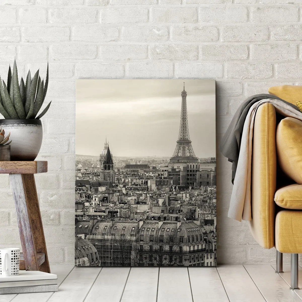 Cuadro sobre lienzo - Impresión de Imagen - Panorama de París con la Torre Eiffel en tonos sepia - 50x70cm - Sobre los tejados de París - Decoración de pared moderna para salón y dormitorio ARTTOR