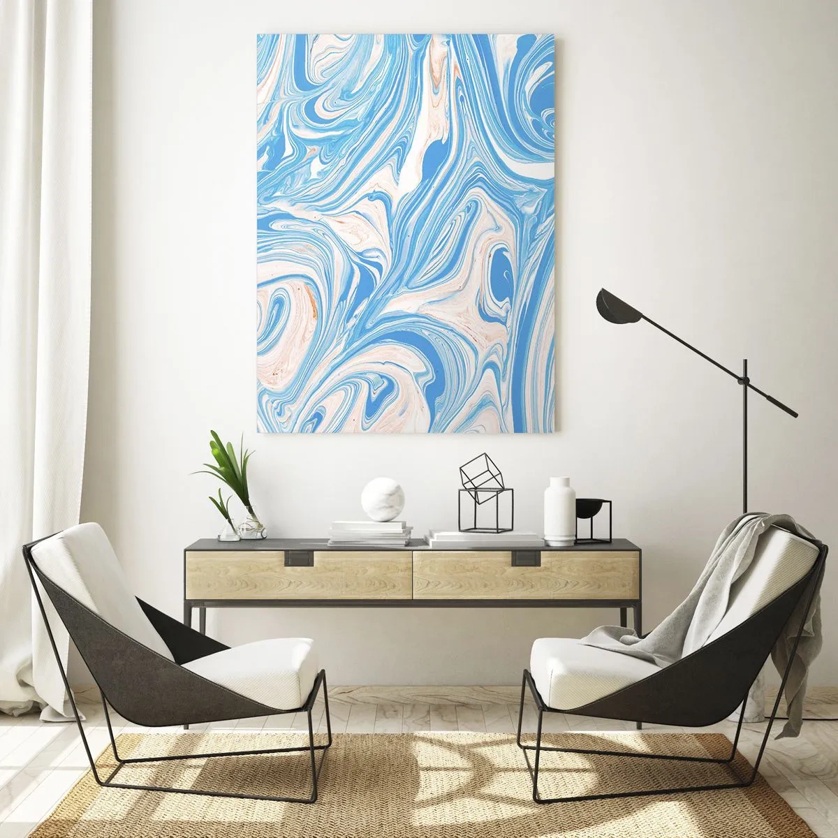 Cuadro sobre vidrio - Impresiones sobre Vidrio - Remolinos abstractos de estilo mármol azul y blanco - 70x100cm - Llanura de inundación turquesa - Decoración de pared moderna para salón y dormitorio ARTTOR