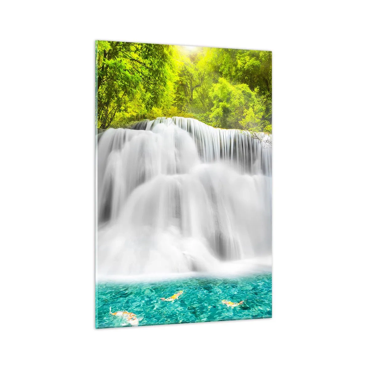 Cuadro sobre vidrio - Impresiones sobre Vidrio - Una cascada en un bosque tropical con agua turquesa. - 70x100cm - Cascada espumosa, de verde a azul - Decoración de pared moderna para salón y dormitorio ARTTOR