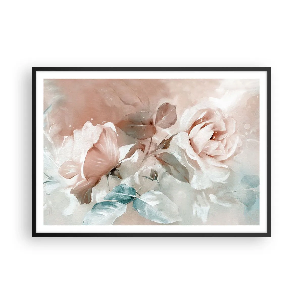 Póster en marco negro - Delicadas rosas en tonos pastel sobre un fondo claro. - 100x70cm - El espíritu del romanticismo - Decoración de pared moderna para salón y dormitorio ARTTOR