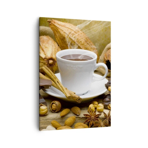 Cuadro sobre lienzo - Impresión de Imagen - Una taza de chocolate caliente rodeada de cacao y canela. - 50x70cm - Para los que buscan emociones - Decoración de pared moderna para salón y dormitorio ARTTOR