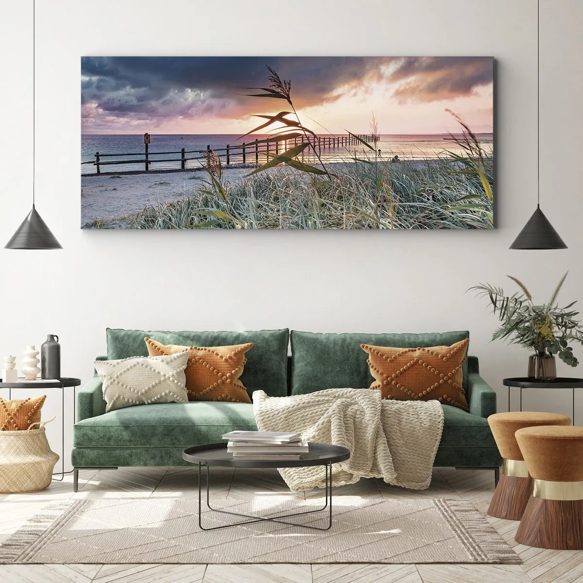 Cuadro sobre lienzo - Impresión de Imagen - Playa al atardecer con hierbas en primer plano - 140x50cm - Bailando con el viento - Decoración de pared moderna para salón y dormitorio ARTTOR