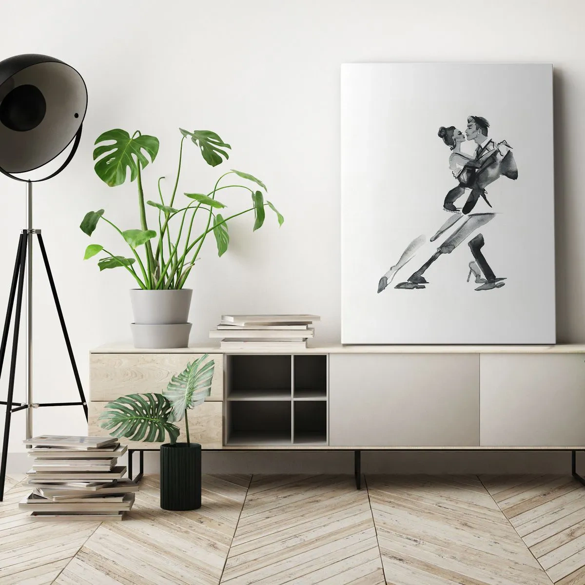 Cuadro sobre lienzo - Impresión de Imagen - Una ilustración sutil de una pareja bailando en un estilo monocromático. - 50x70cm - Todos al son de la música - Decoración de pared moderna para salón y dormitorio ARTTOR