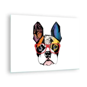 Cuadro sobre vidrio - Impresiones sobre Vidrio - Bulldog con gafas de colores sobre un fondo blanco - 70x50cm - El intelectual - Decoración de pared moderna para salón y dormitorio ARTTOR