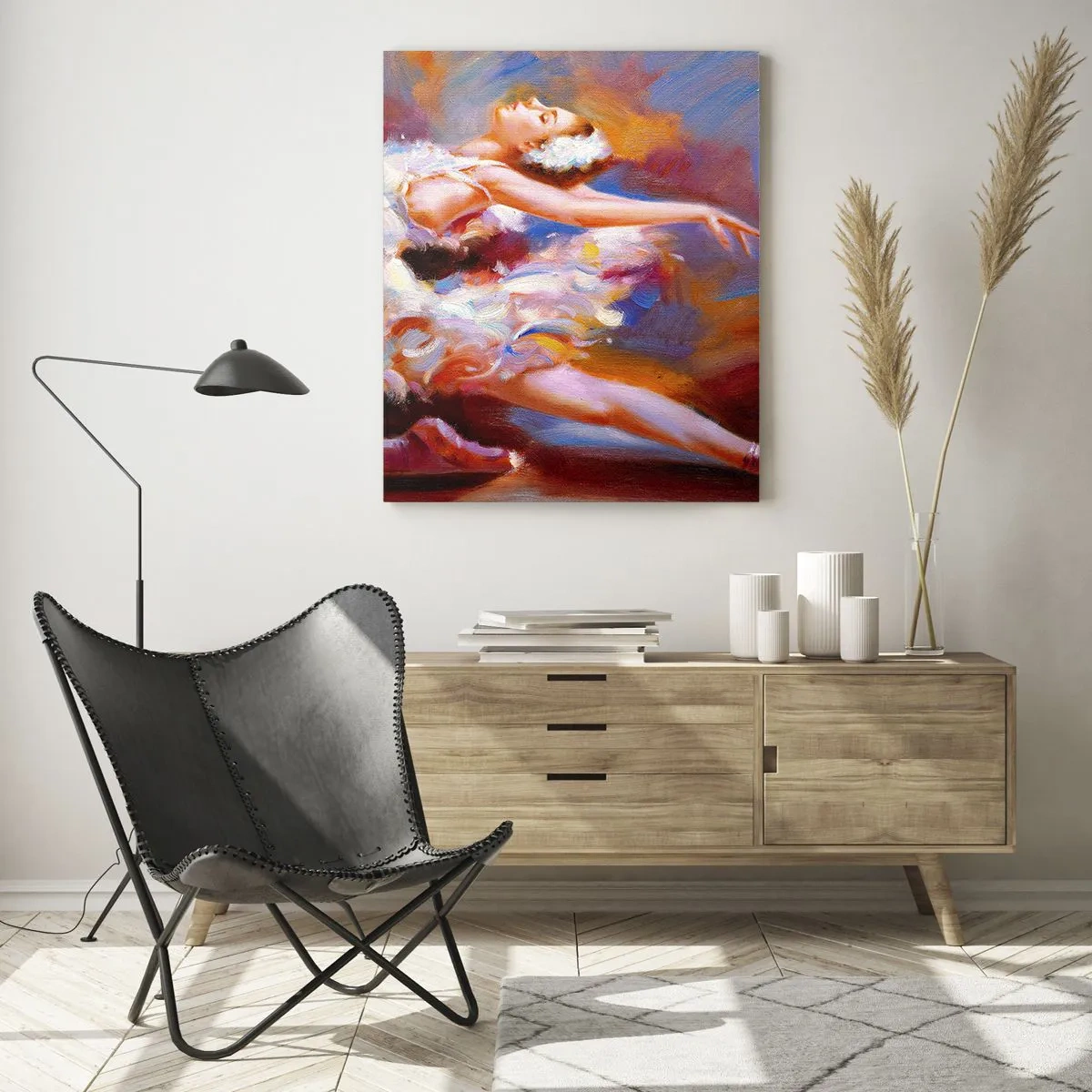 Cuadro sobre vidrio - Impresiones sobre Vidrio - Una bailarina en una pose dinámica sobre un fondo de colores abstractos. - 50x70cm - El lago de los cisnes - Decoración de pared moderna para salón y dormitorio ARTTOR