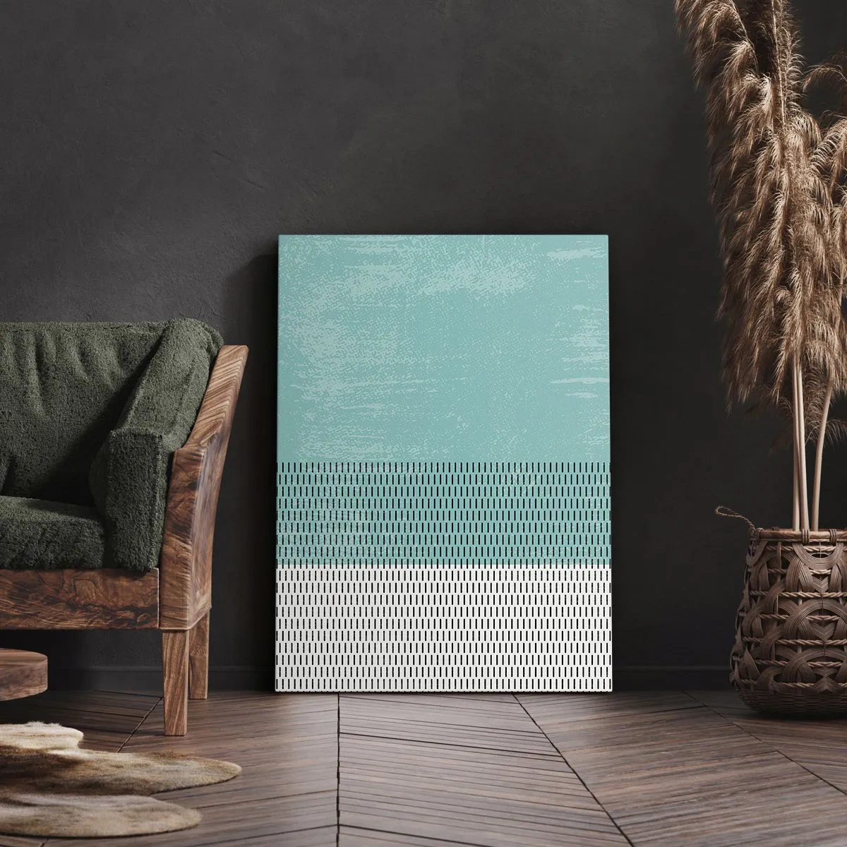 Cuadro sobre lienzo - Impresión de Imagen - Composición geométrica con turquesa y líneas. - 50x70cm - Composición equilibrada - Decoración de pared moderna para salón y dormitorio ARTTOR