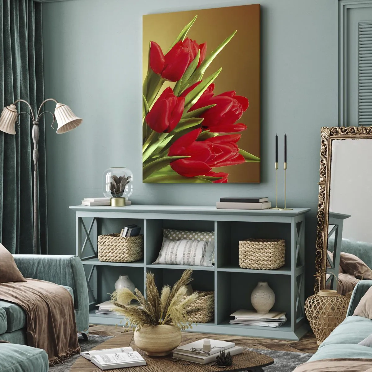 Cuadro sobre lienzo - Impresión de Imagen - Un ramo de tulipanes rojos sobre un fondo dorado con hojas verdes. - 50x70cm - Estallido de alegría primaveral - Decoración de pared moderna para salón y dormitorio ARTTOR