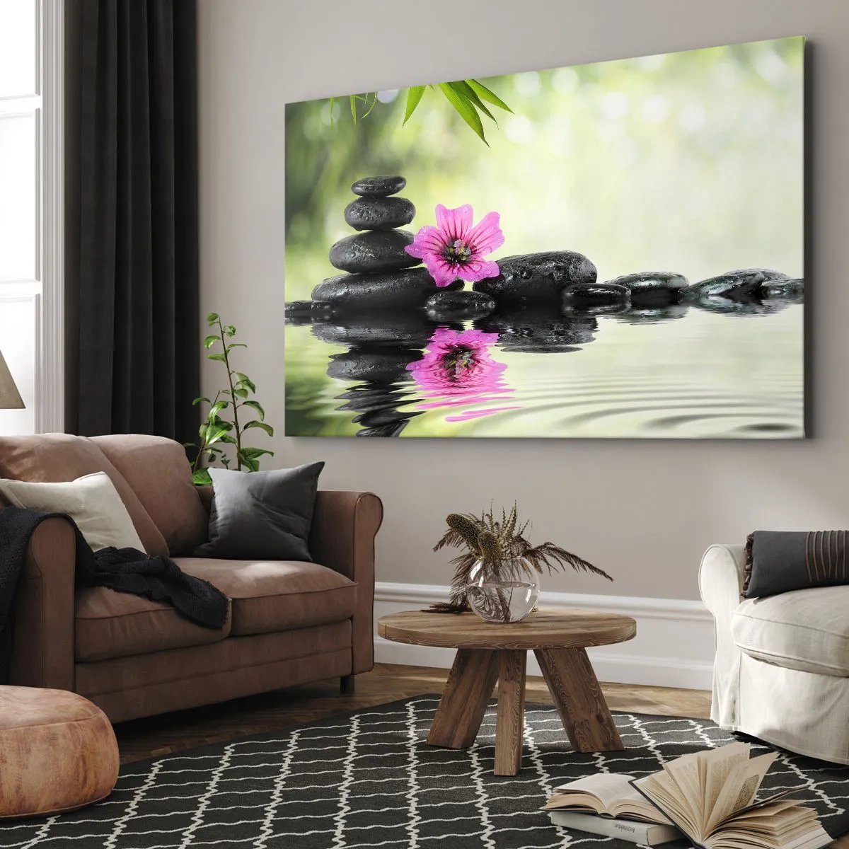 Cuadro sobre lienzo - Impresión de Imagen - Piedras zen y una flor rosa reflejada en el agua. - 120x80cm - Tiempo para el alma - Decoración de pared moderna para salón y dormitorio ARTTOR