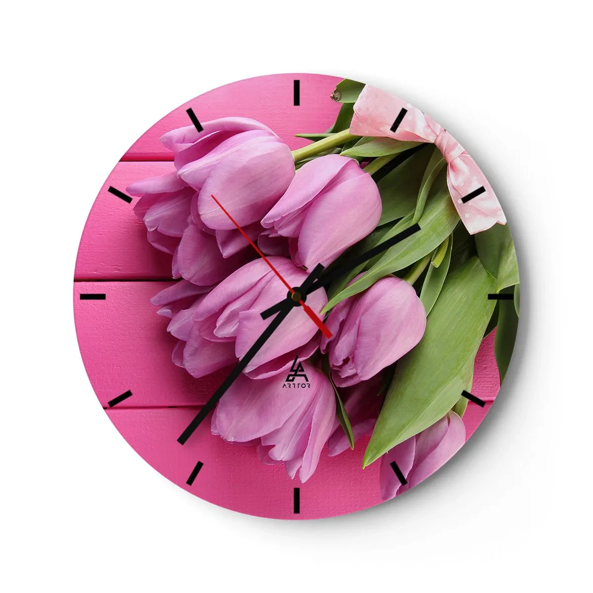 Reloj de pared - Reloj de vidrio - Un ramo de tulipanes rosas sobre un fondo rosa. - 30x30cm - Solo para ti - Decoración de pared moderna para salón, cocina y dormitorio ARTTOR