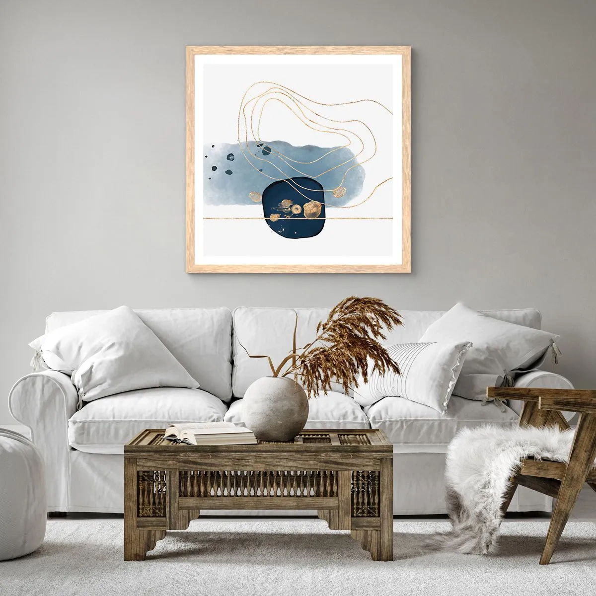 Póster en marco roble claro - Fantasía azul y oro - 40x40 cm