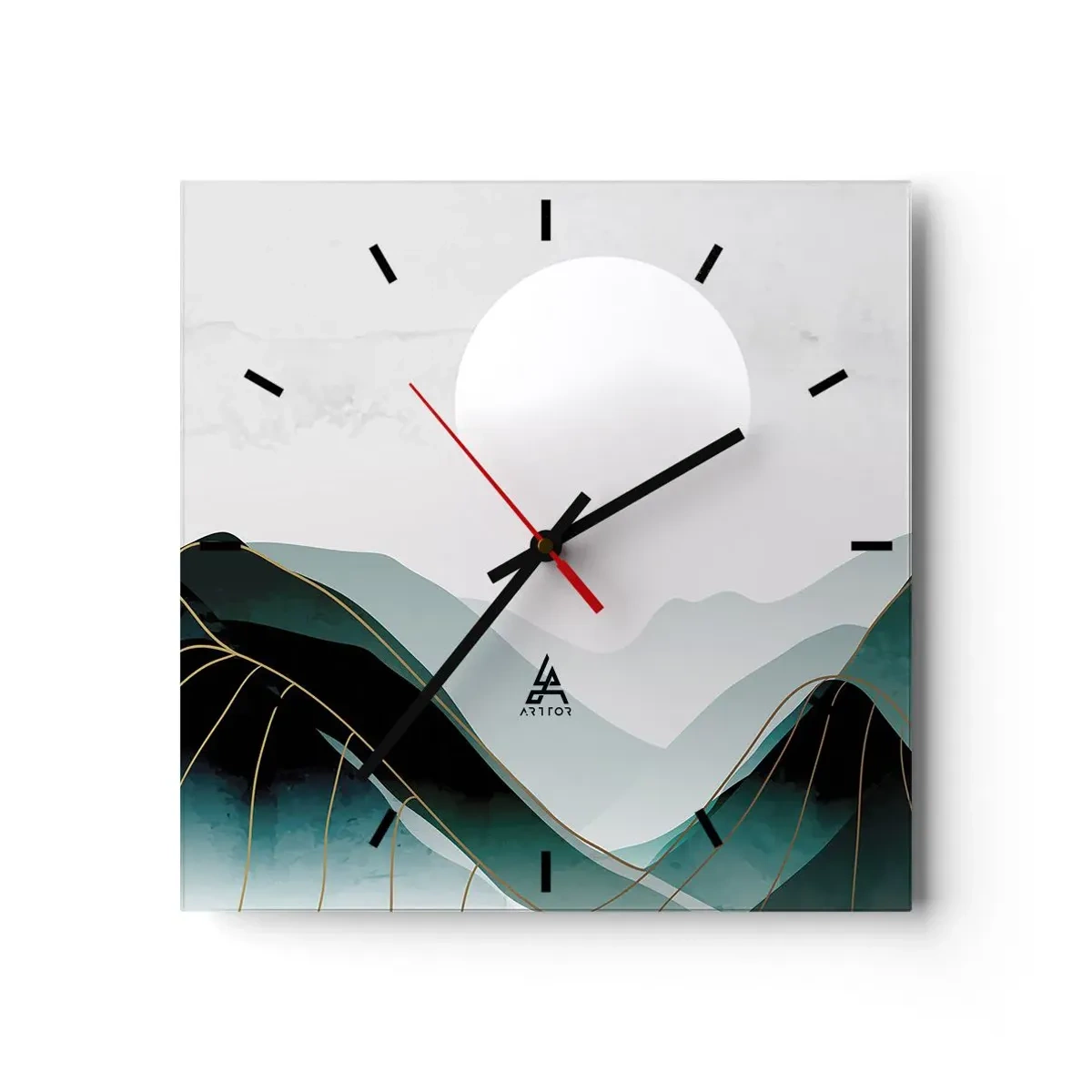 Reloj de pared - Reloj de vidrio - Paisaje montañoso abstracto con la luna y líneas doradas. - 30x30cm - Con toda la majestuosidad - Decoración de pared moderna para salón y dormitorio ARTTOR