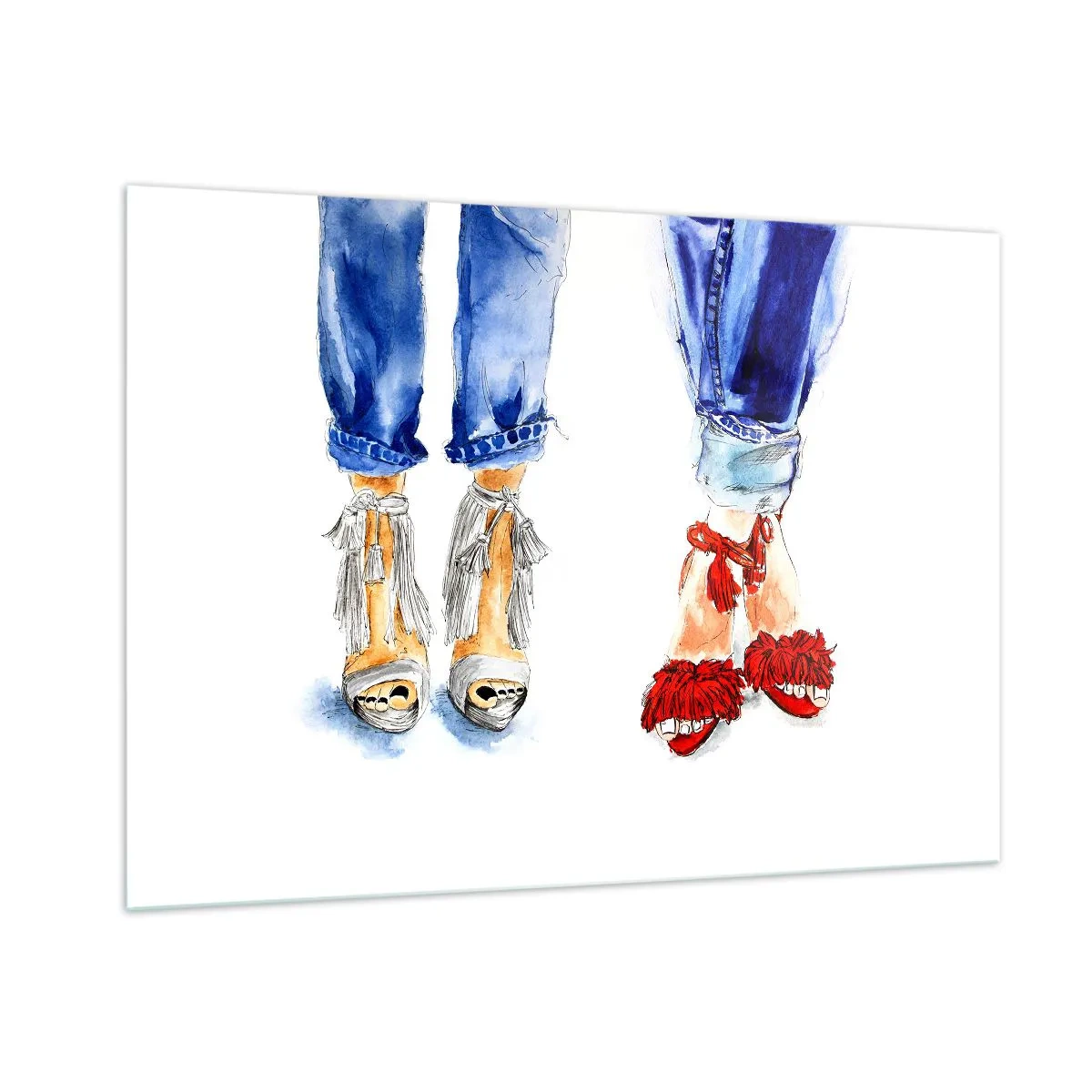 Cuadro sobre vidrio - Impresiones sobre Vidrio - Dos zapatos elegantes sobre un fondo de jeans. - 100x70cm - ¿Por qué no vamos a dar un paseo? - Decoración de pared moderna para salón y dormitorio ARTTOR