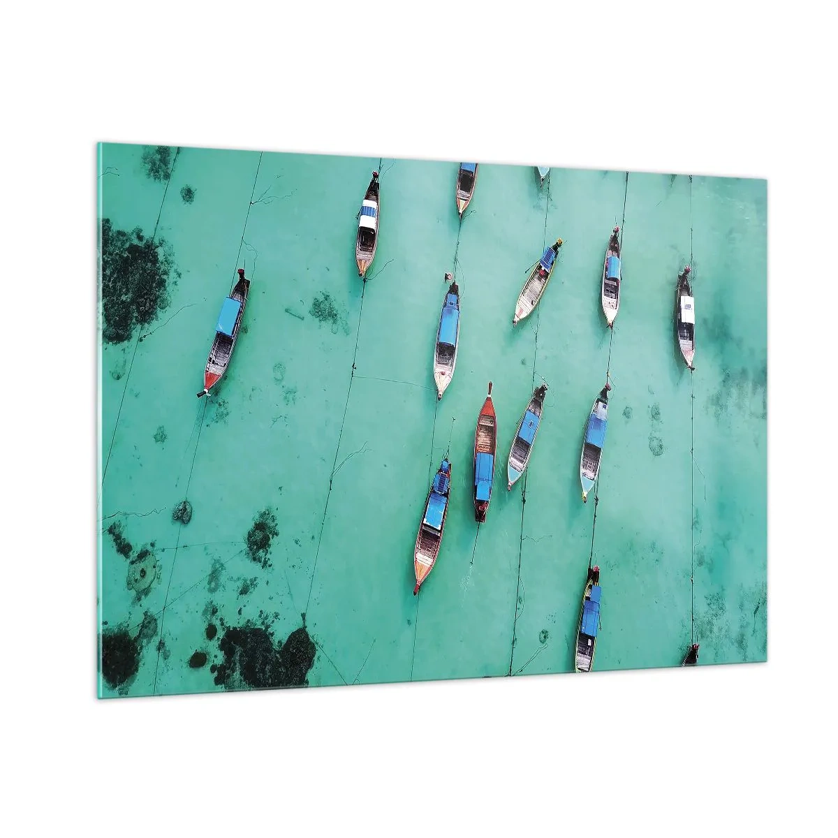Cuadro sobre vidrio - Impresiones sobre Vidrio - Barcos en aguas turquesas vistos desde arriba - 100x70cm - En alegre espera - Decoración de pared moderna para salón y dormitorio ARTTOR