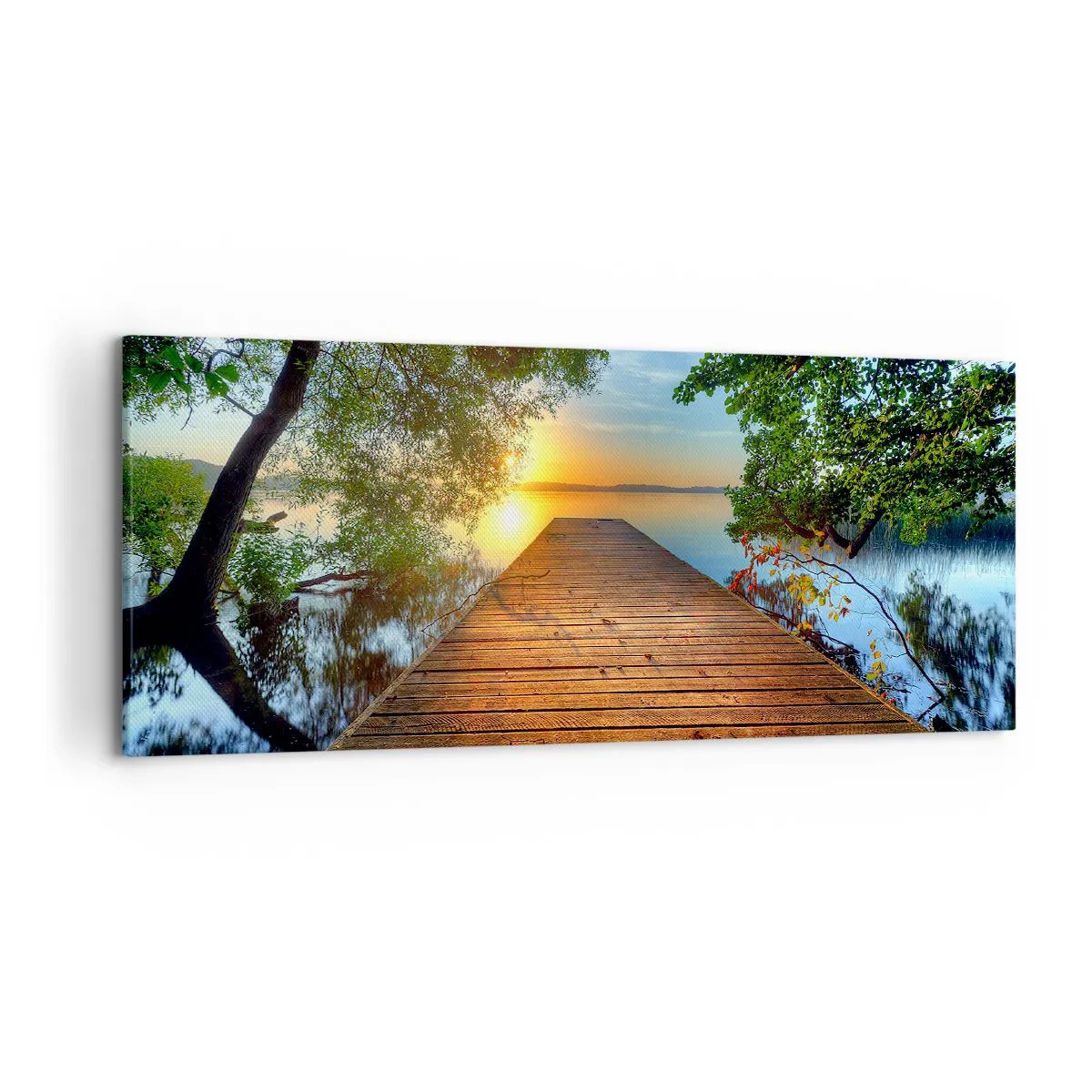 Cuadro sobre lienzo - Impresión de Imagen - Un muelle de madera rodeado de vegetación durante la puesta de sol. - 120x50cm - Tómate tu tiempo, siéntate - Decoración de pared moderna para salón y dormitorio ARTTOR