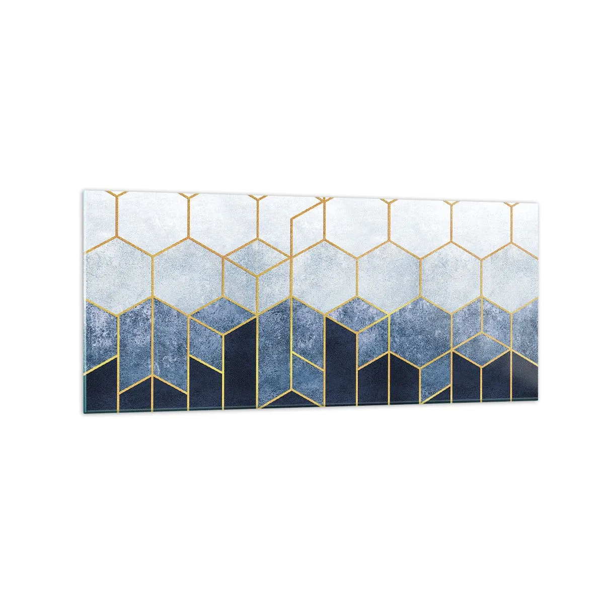 Cuadro sobre vidrio - Impresiones sobre Vidrio - Patrón geométrico en tonos dorados y azul marino. - 120x50cm - Composición rítmica visual - Decoración de pared moderna para salón y dormitorio ARTTOR