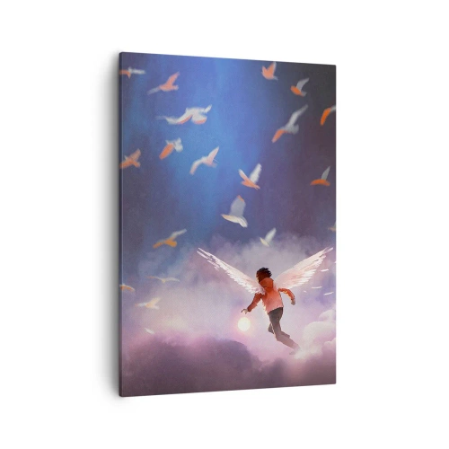 Cuadro sobre lienzo - Impresión de Imagen - Una figura con alas de ángel flotando entre pájaros en el cielo. - 50x70cm - Imaginación y valor - Decoración de pared moderna para salón y dormitorio ARTTOR