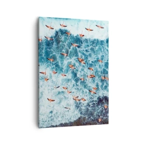 Cuadro sobre lienzo - Impresión de Imagen - Una vista aérea de flamencos rosados sobre un océano azul. - 50x70cm - Un desfile marítimo - Decoración de pared moderna para salón y dormitorio ARTTOR